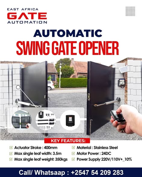 Automatic swing gate opener kit with two actuator arms, control box, remotes and solar panel