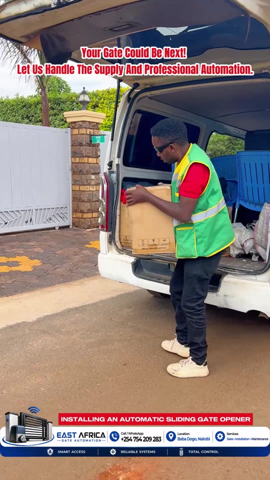 Our team unloading a gate automation kit from the delivery van in Ruiru, Bustani